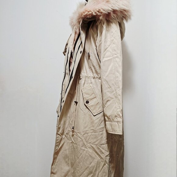 NewReal Fox Fur-Lined Parka Coat Fox Puffer Jacket Beige Cream WhitePink Raccoon - Picture 3 of 4